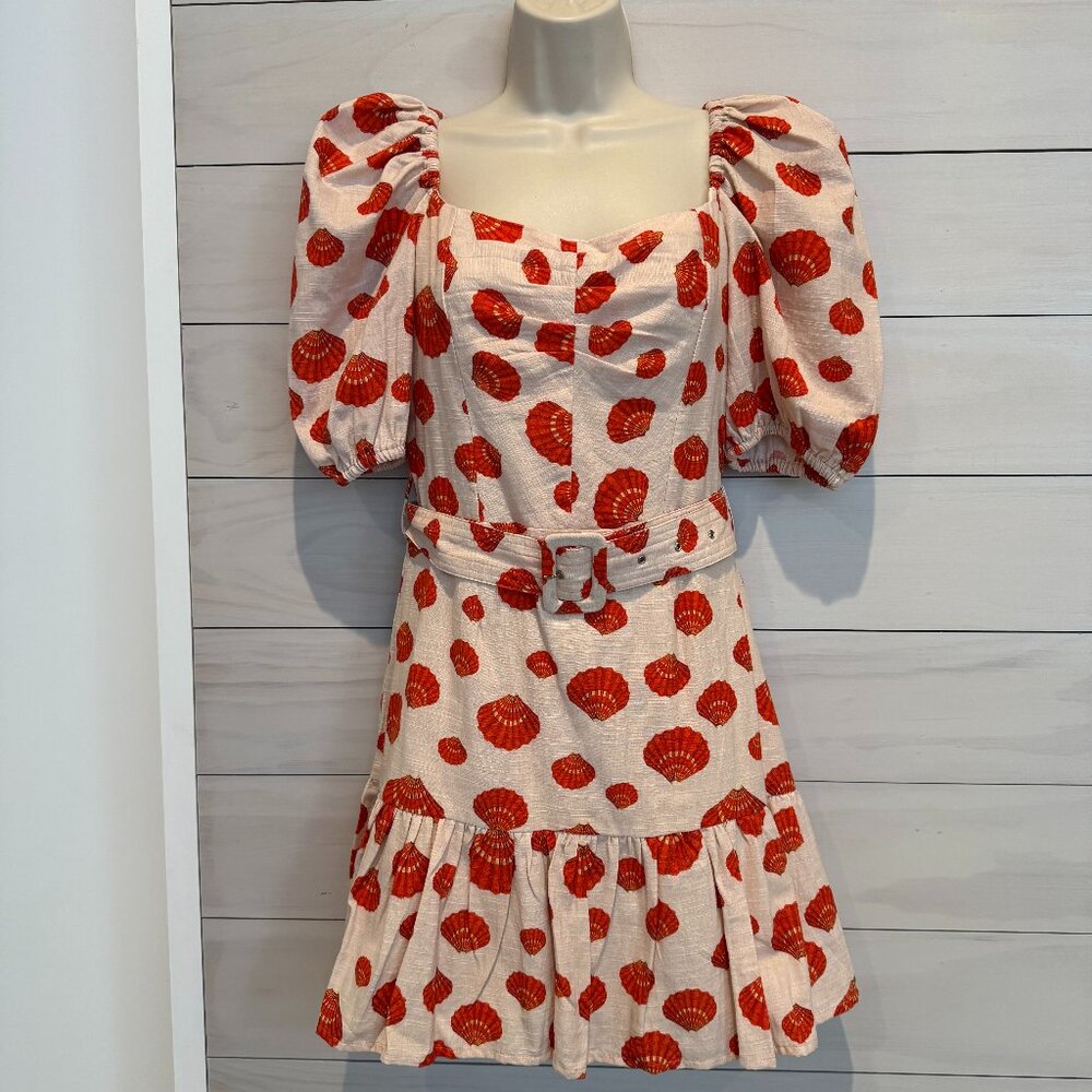 Karina Grimaldi Seashell Print Cotton Dress Small Puff Sleeve Belted Mini